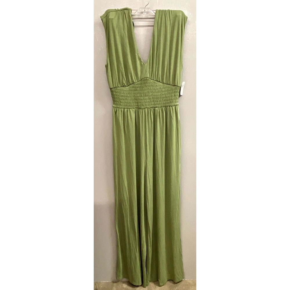 Old Navy Jumpsuit Womens Small Tall Green Stretch Smocked Waist Wide Leg V Neck